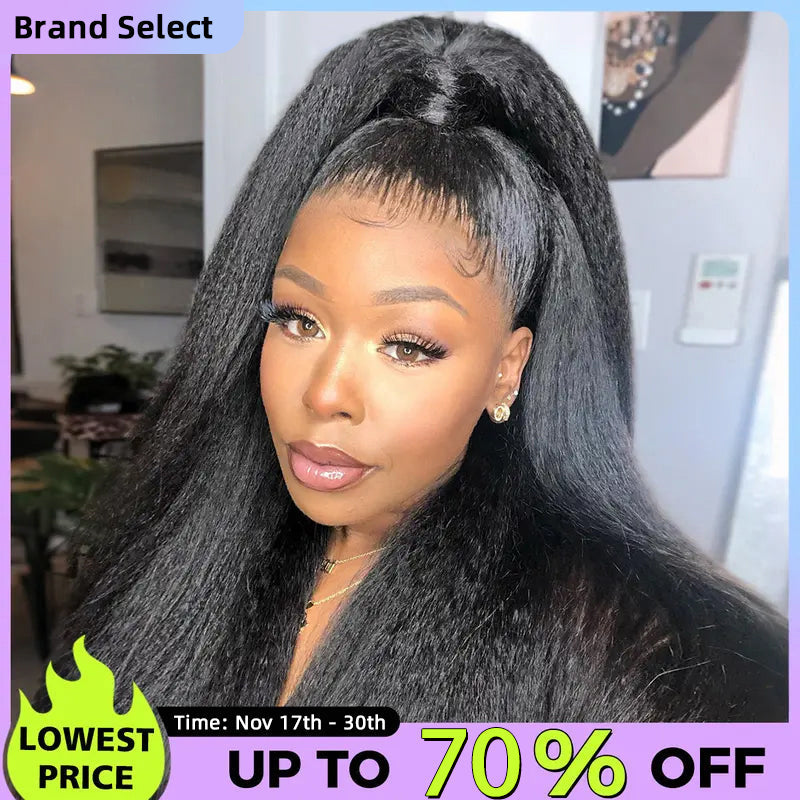 Sale Happening Now:70%OFF Pre-Cut Lace Kinky Straight 360 Full Lace Frontal Glueless Wig With Invisi Drawstring Pre Plucked Human Hair Wig