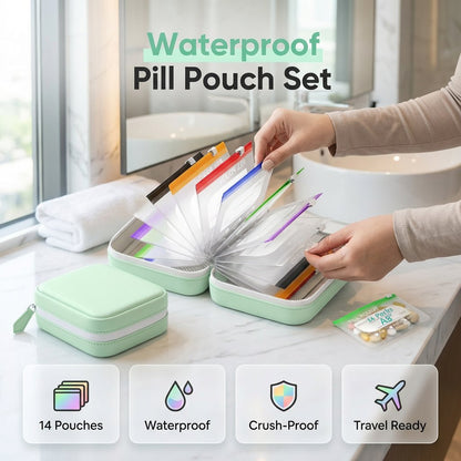 👜 50% KORTING! Ziet eruit als een chique portemonnee, maar bewaart je pillen waterdicht en BPA-vrij. 7 zakjes voor de hele week, TSA-vriendelijk, en niemand die het ziet.
